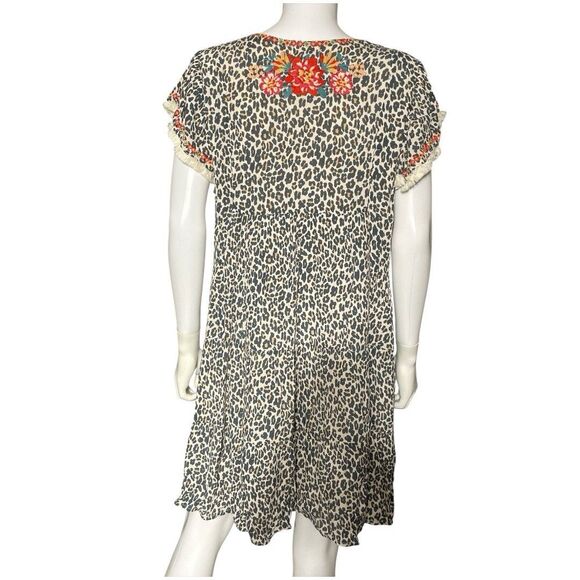 Thml Leopard Floral Embroiderd Flutter Sleeve Knee Length Dress Women's Size M - Picture 3 of 16